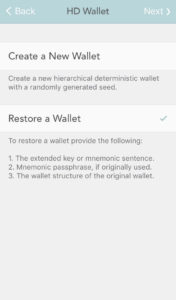 Selecting Restore a Wallet in bitWallet