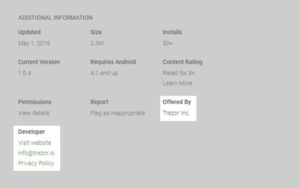 Fake Trezor wallet in Google Play store developer information