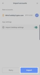 Select Import in Ledger Live app